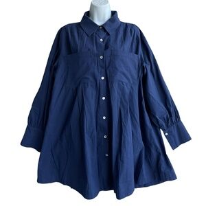 AURA Oversized Tunic Linen Blend Shirtdress M Long Sleeve Pockets Blue